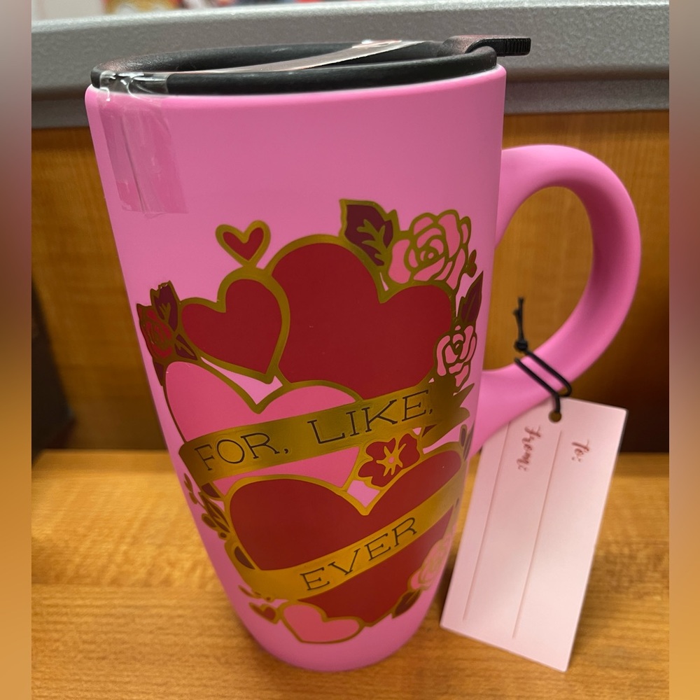 Valentine Pink Red & Gold Heart For Like Ever Matte Travel Coffee Mug w/Lid NWT